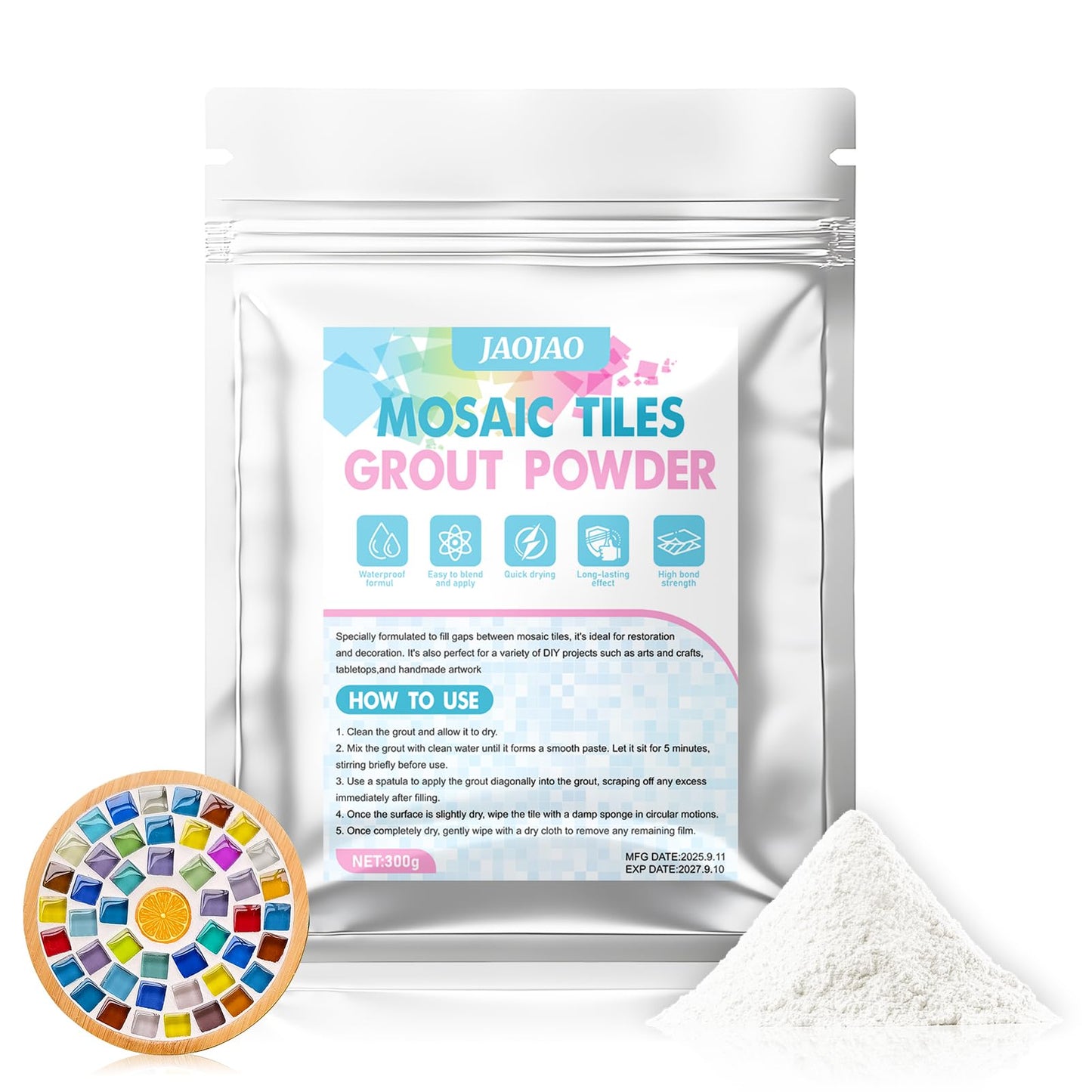 JAOJAO 10.6Oz Mosaic Grout Powder Mosaic Grout for Crafts White Unsanded Ceramic Tile Grout Essential for Handmade Grouting Use to Handmade Coasters, Candlesticks, Pen Holders, Vases