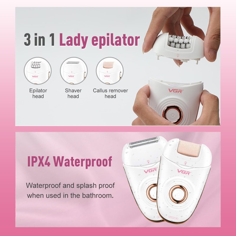 VGR 739 Epilator for Women 3 in 1 Cordless Hair Removal Device USB Rechargeable Electric Epilator with LED Light 2 Speeds Waterproof Shaver and Epilator for Legs Arms Underarms Bikini