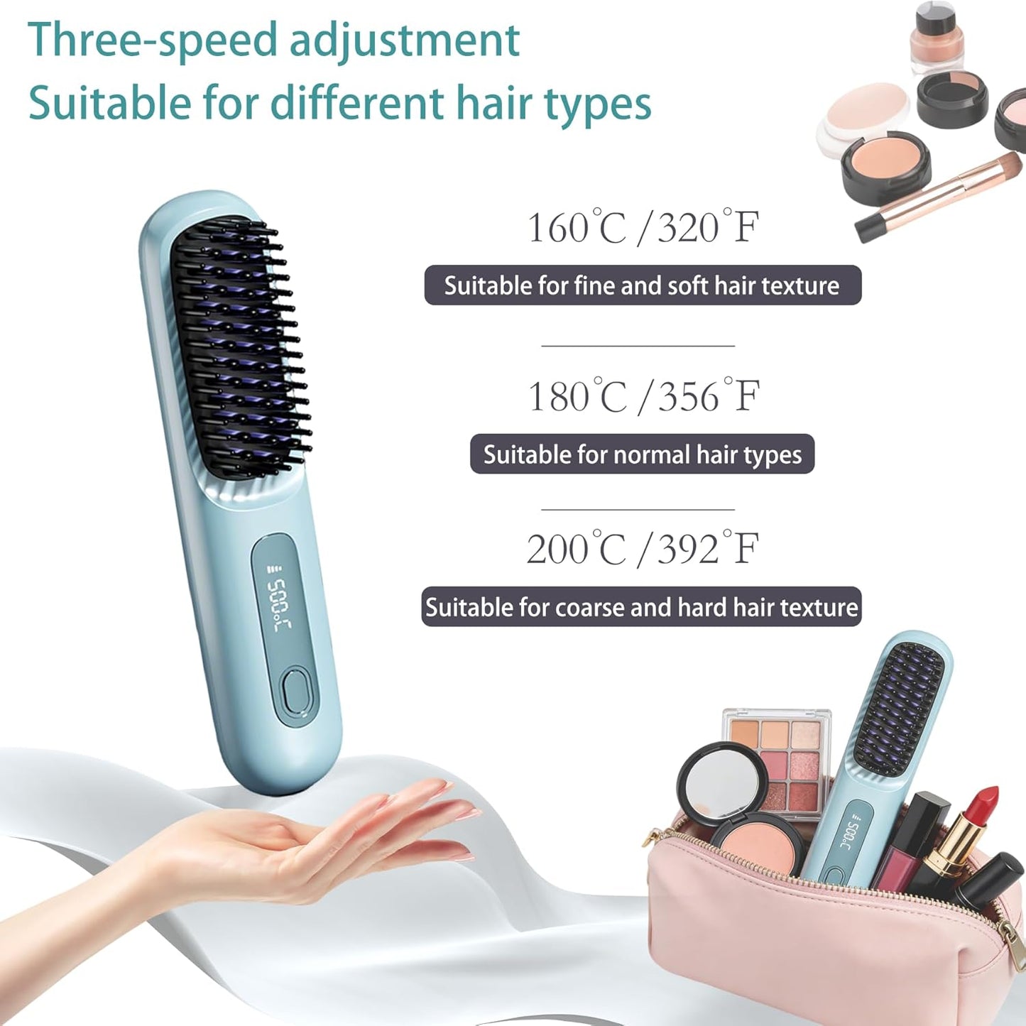 Go Brush Pro Mini Hair Straightener - Cordless Travel Brush with LCD Display | Fast Heating for Short Hair