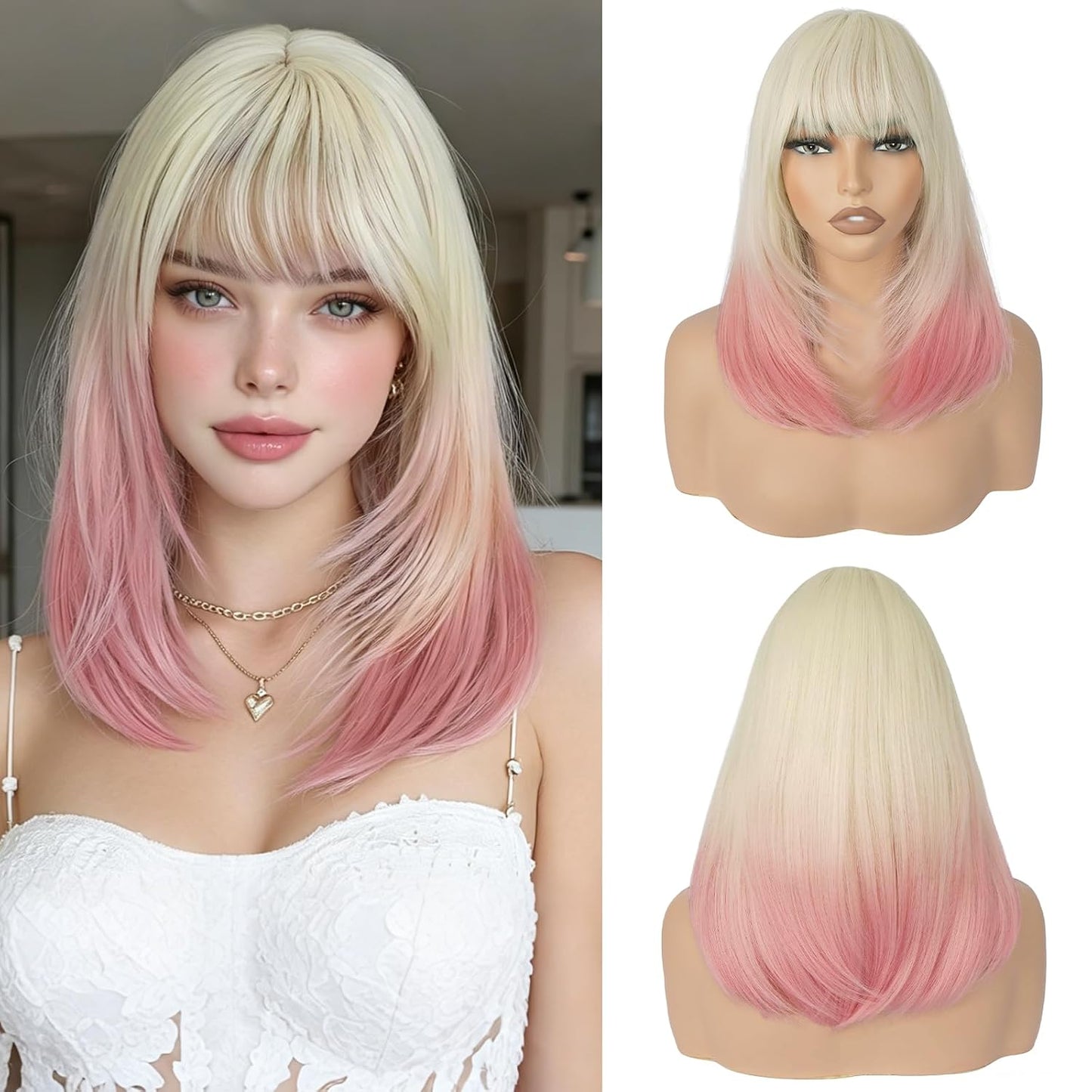 Blonde Bob Wigs with Bangs - Shoulder Length Straight Synthetic Hair | 16 Inch Platinum Blonde