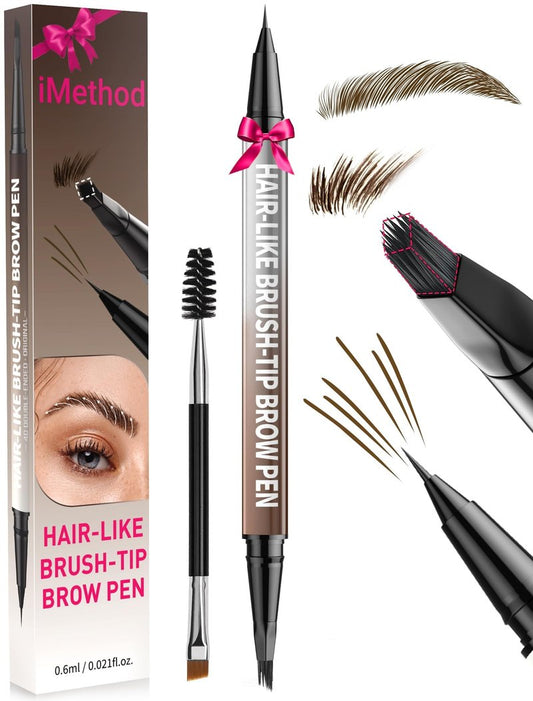 iMethod Eyebrow Pen - Eyebrow Pencil,2-in-1 Eyeliner Dual-Ended Brush-Tip Microblading 4d Eyebrow Pencils for women,Long Lasting Waterproof Hair-Like Brow Pencil,with Eyebrow Brush,DarkBrown