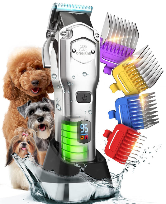 oneisall Professional Dog Grooming Clippers: Cordless Rechargeable Thick Hair Clipper with Detachable Metal Combs, Low Noise Heavy-Duty Pet Clippers for Curly/Fine/Wavy Hair, 676pro (Silver)