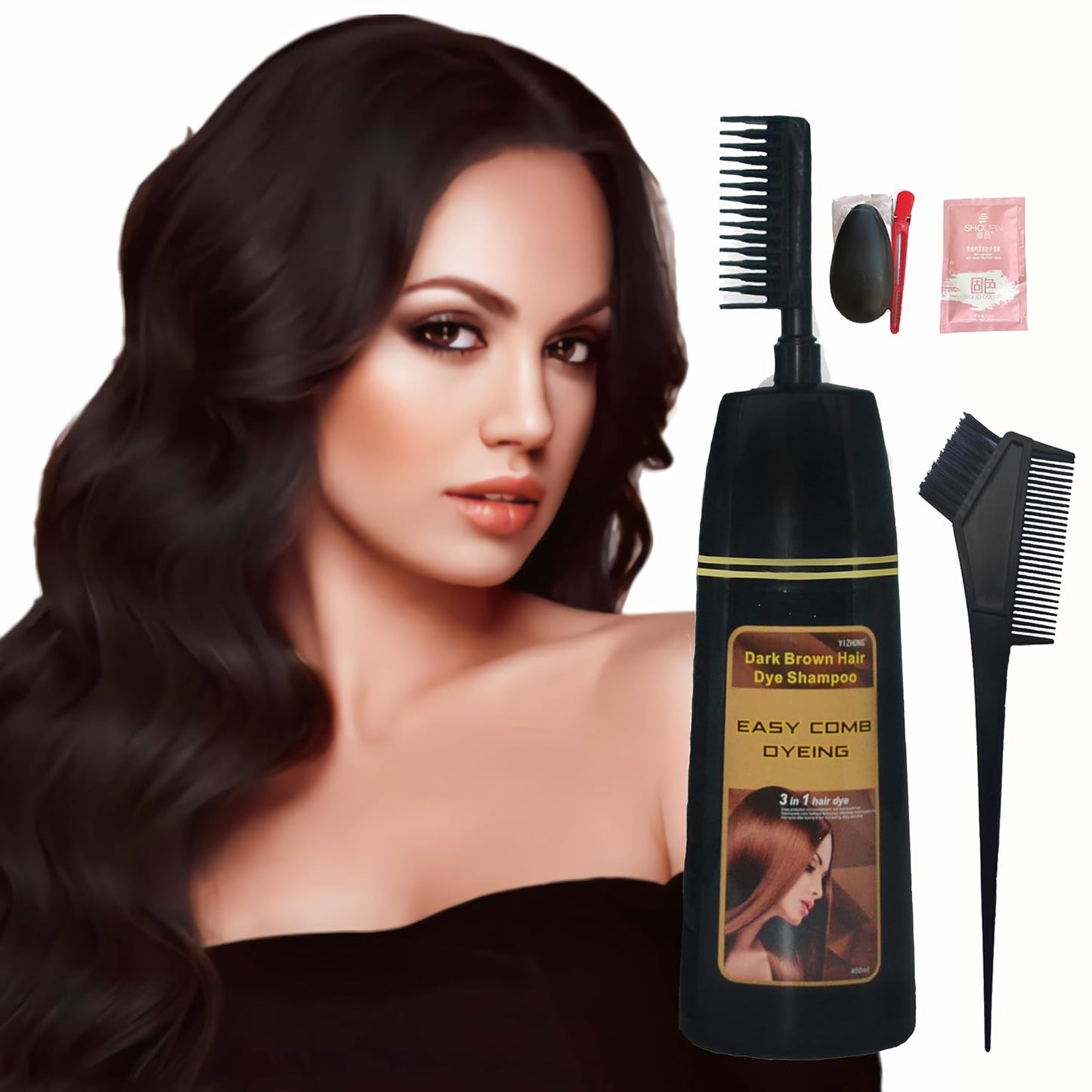 Dark Brown Hair Dye Shampoo - Permanent Color for 100% Gray Coverage | Easy Comb Application