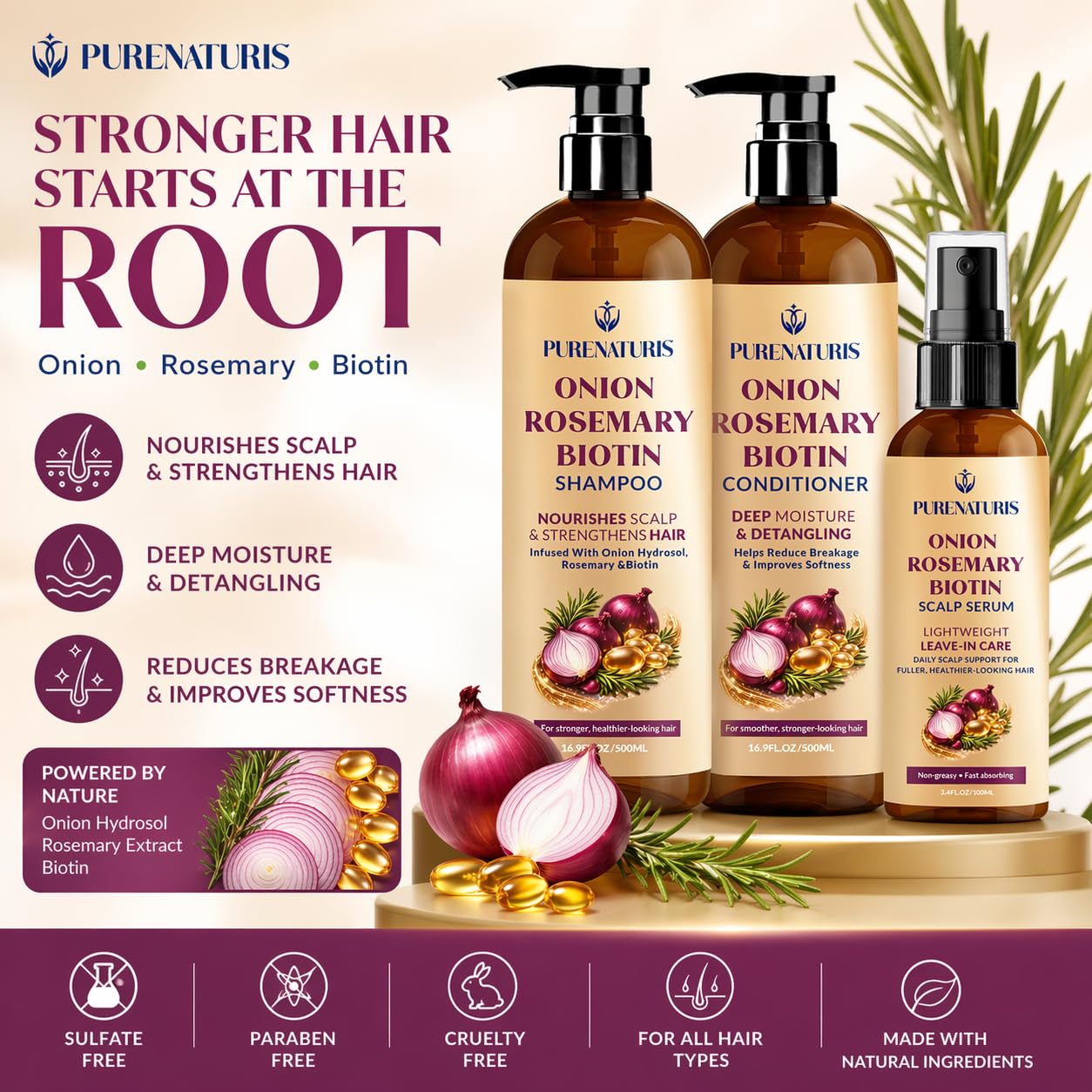 Onion Rosemary Biotin Hair Care Set – Sulfate Free Shampoo, Conditioner & Scalp Serum – Helps Strengthen Hair, Reduce Breakage & Support Fuller, Thicker-Looking Hair – 3 Piece Set