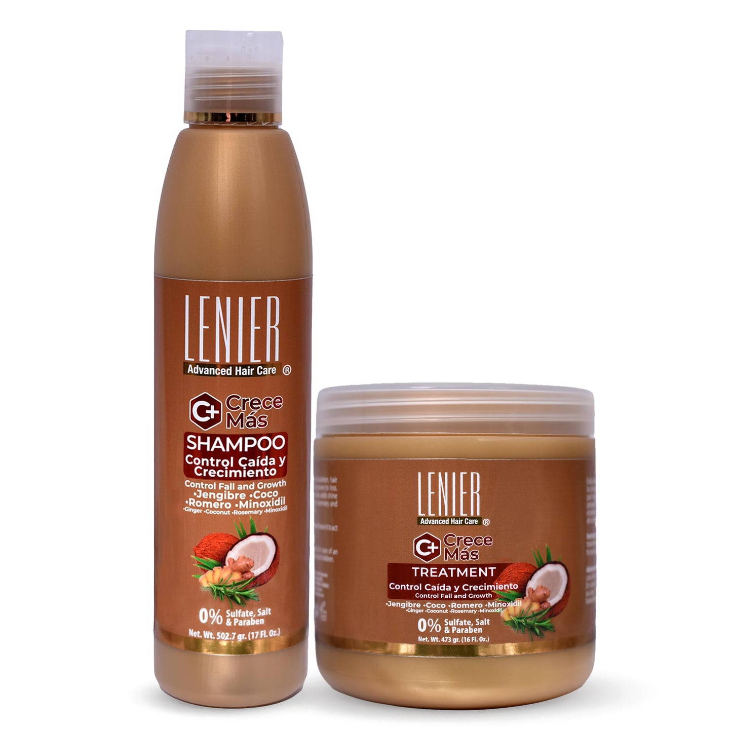 Lenier Crece Más Hair Growth Bundle | 2 Items | Shampoo 17 oz & Hair Treatment 16 oz | Ginger, Coconut Oil & Rosemary | Hair Fall Control & Growth Support | Sulfate & Paraben Free