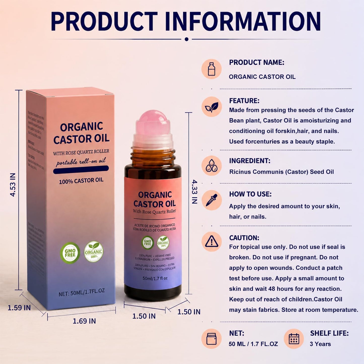 QBHCYH Organic Castor Oil Roll-On with Rose Quartz Roller, 100% Pure Cold-Pressed Castor Oil for Nails, Hair and Skin 1.7 Fl.OZ (50ml)