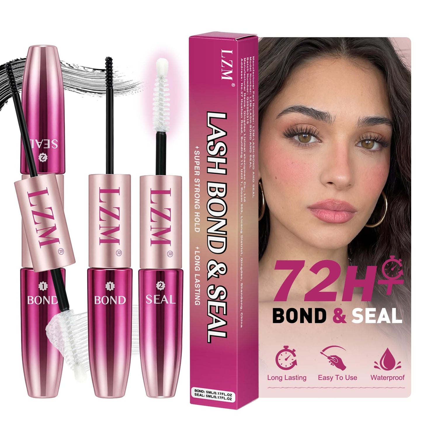 LZM Lash Bond and Seal Long-Lasting 72H Eyelash Cluster Glue Waterproof Lash Cluster Glue Strong Adhesive Easy to Use Eyelash Bond and Seal 5ml + 5ml (P01)