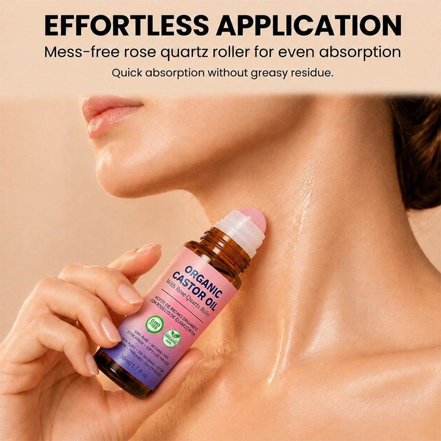QBHCYH Organic Castor Oil Roll-On with Rose Quartz Roller, 100% Pure Cold-Pressed Castor Oil for Nails, Hair and Skin 1.7 Fl.OZ (50ml)