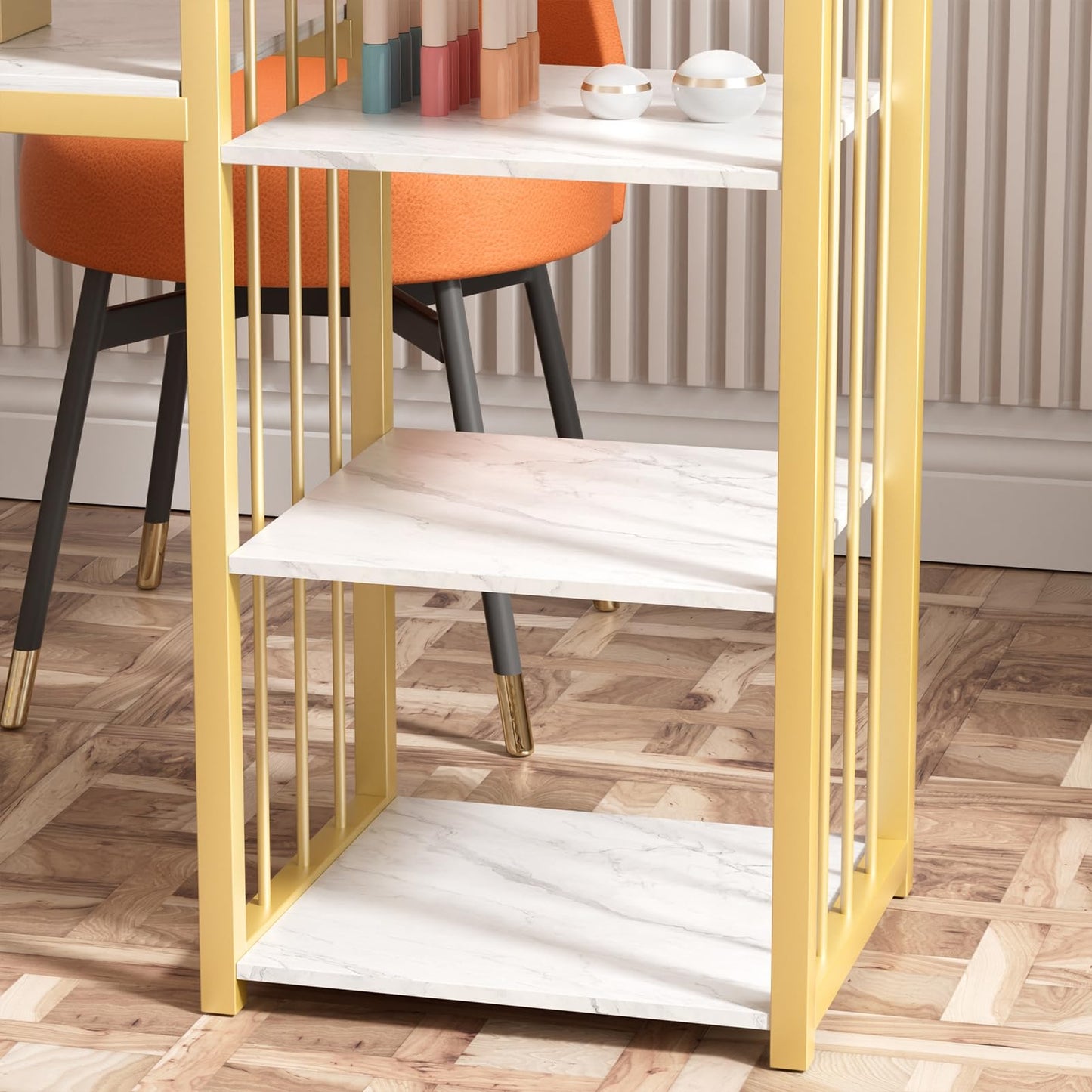 Mehisir Nail Desk with 3-Tier Shelves, Modern Manicure Table Luxury Heavy Duty Nail Table with Marble Top Gold Frame Multipurpose Nails Tech Desk for Beauty Salon Spa White White