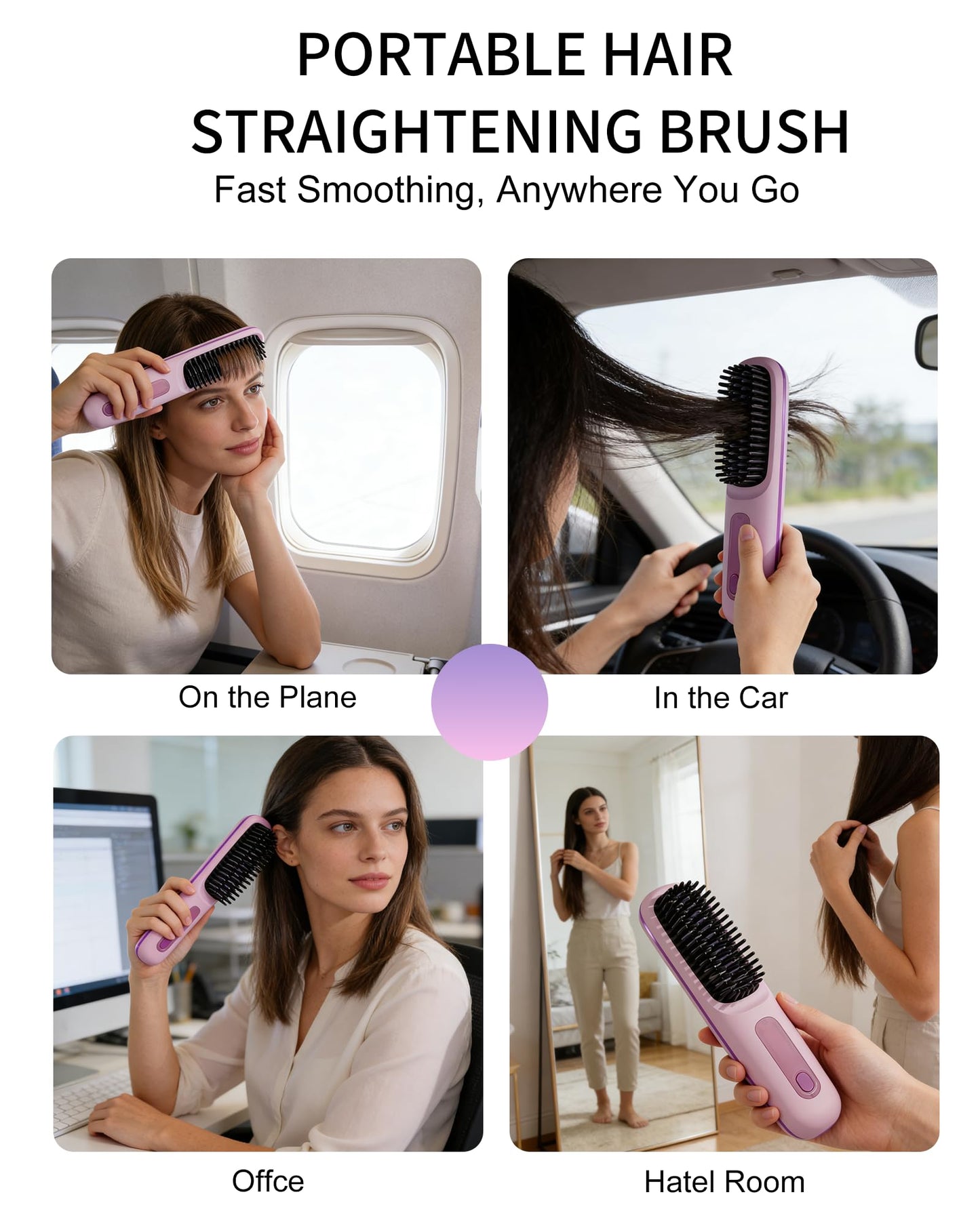 Go Brush Pro 2026 for Short Hair, Portable Straightener Brushs for Travel, with LCD Temperature Display, Fast Heating Cordless Mini Hair Brushs (Pink)