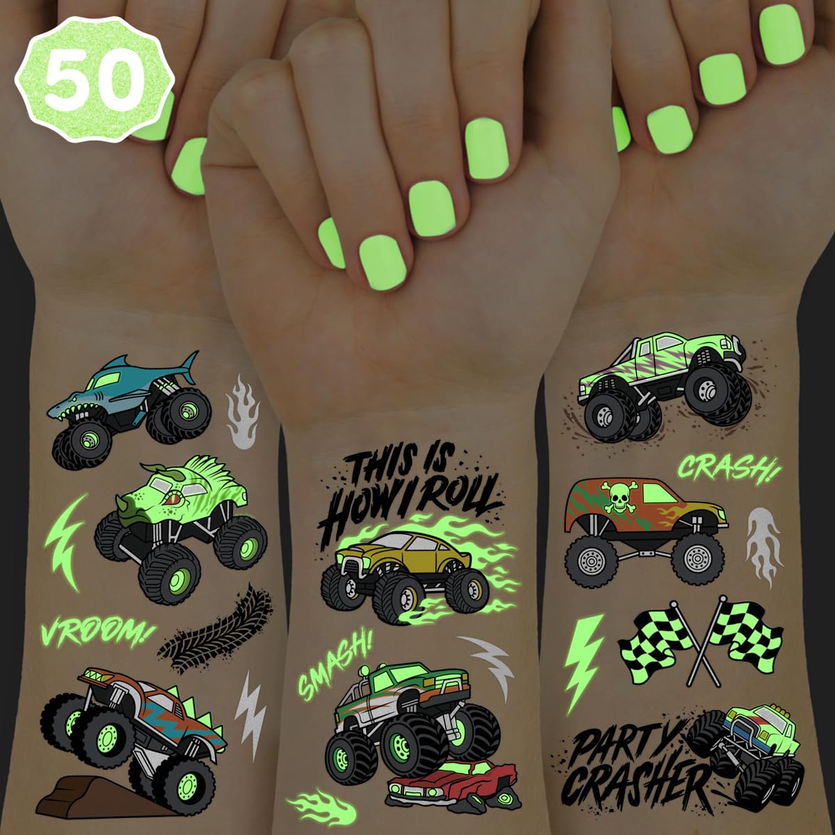 Glow In The Dark Monster Truck Temporary Tattoos - 50 Unique Foil Designs | Perfect for Boys' Birthday Parties, Race Car Favors, Kids Crafts