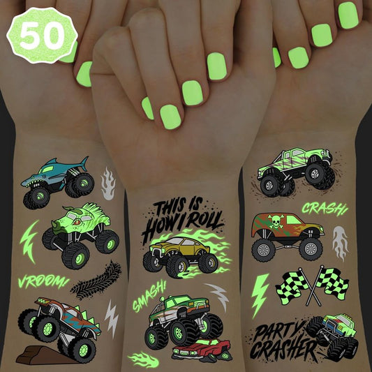 Glow In The Dark Monster Truck Temporary Tattoos - 50 Unique Foil Designs | Perfect for Boys' Birthday Parties, Race Car Favors, Kids Crafts