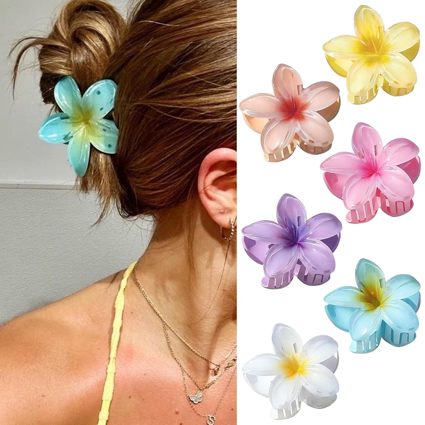 Hawaiian Flower Hair Clips - 6 Pcs Nonslip Plumeria & Daisy Beach Accessories | Strong Hold for Women