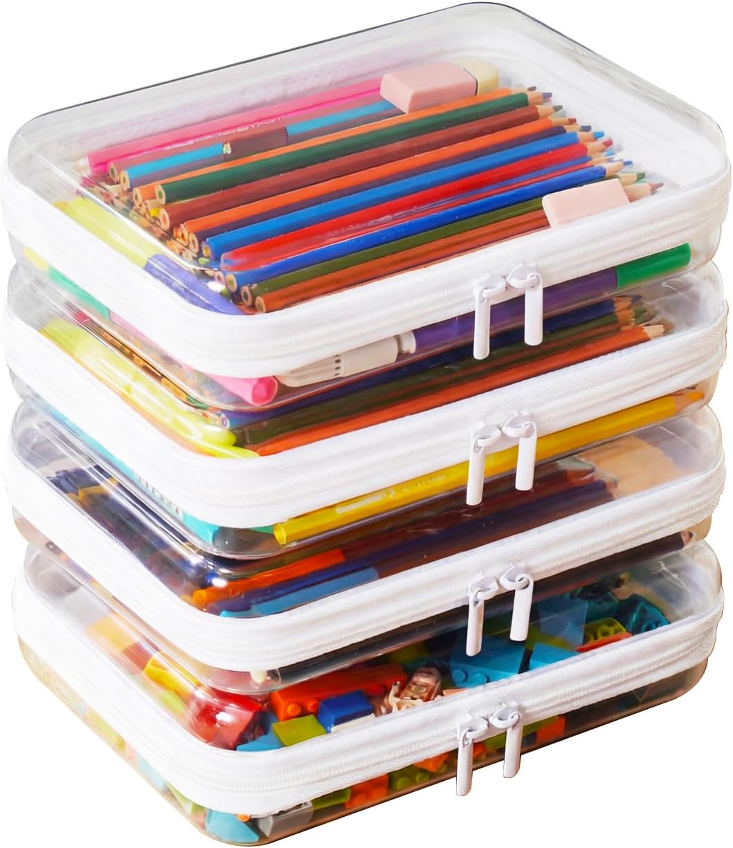 Clear Hard Shell Zipper Pouch Set - 4PCS Makeup Organizer & Toy Storage Bag | Transparent Pencil Case for Stationery