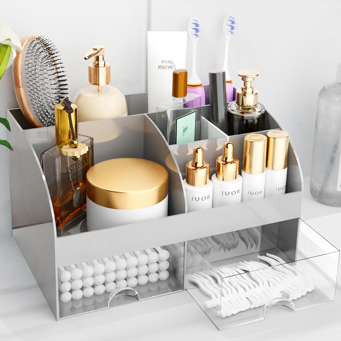 Makeup Organizer - Cosmetic Storage with Drawers for Vanity & Bathroom | White Beauty Holder for Lipstick & Brushes