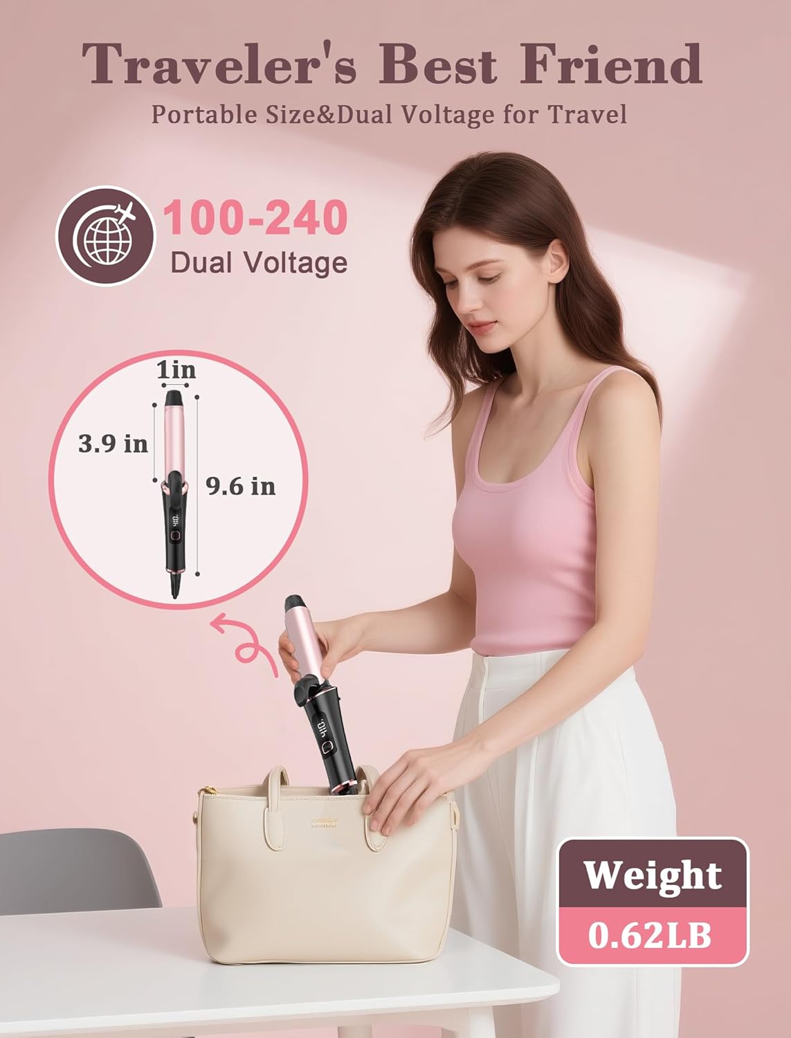 Dual Voltage Travel Curling Iron - 1 Inch Mini Ceramic Design with Auto-Off | Fast Heating, Rose Gold