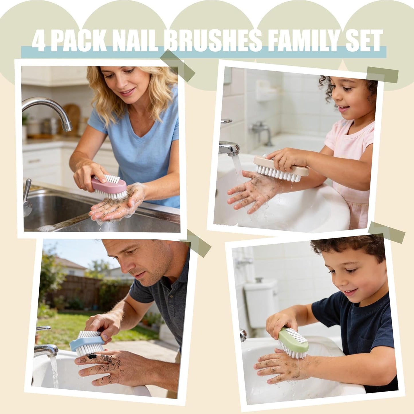 Nail Brush for Cleaning Fingernails - 2-Sided Scrub Brush with Soft & Stiff Bristles | 4-Pack for Men, Women & Kids