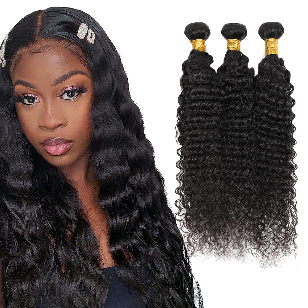 24 24 24 Inch Deep Wave Bundles Human Hair 3 Bundles 50 Grams Per Bundle 10A Grade Unprocessed Brazilian Virgin Hair #1B Natural Color Deep Wave Bundle Weaves Extensions for Black Women