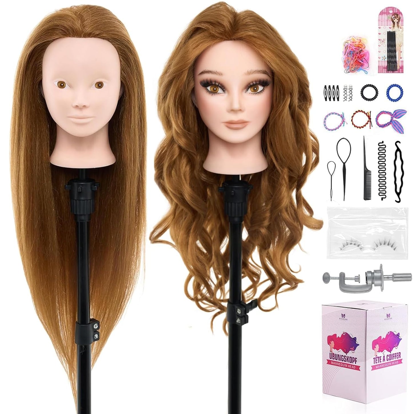 Real Hair Mannequin Head - 18" Human Hair Cosmetology Training Doll for Styling, Dying & Braiding | Black