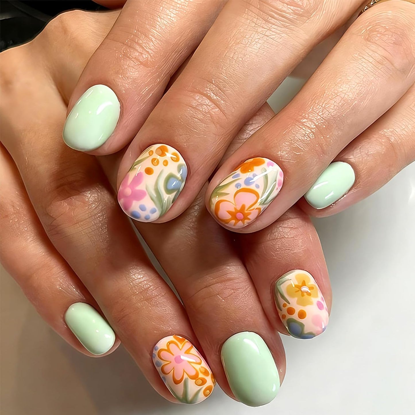 Press On Nails - Medium Square Strawberry Lemon Design | Glossy Acrylic Full Cover, 24 Pcs Reusable