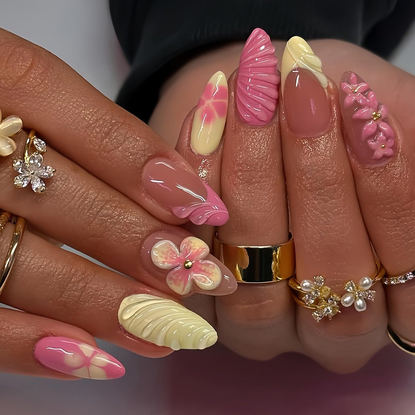 30Pcs Summer Beach Press-On Nails - Medium Almond French Tip with 3D Pearl Seashell Designs | Ocean-Inspired Acrylic Nails for Women