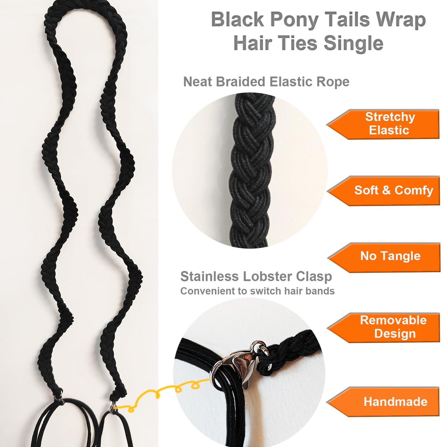 Black Elastic Spiral Hair Ties for Long Thick Curly Hair, 34" Soft Ponytail Holders Braided Pony Tails Wrap Hair Tie for Women Girls Stretchy Hair Bands for Swimming Beach Workout Bike GYM- Single
