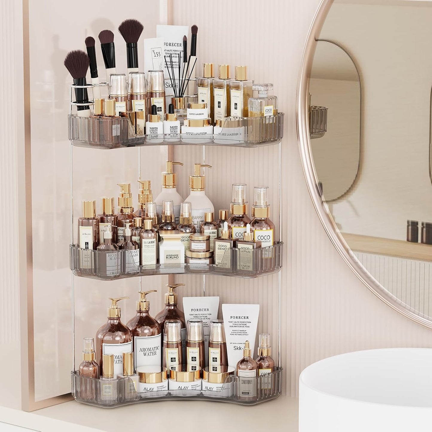 2-Tier Corner Bathroom Counter Organizer - Clear Makeup & Skincare Holder | Toothbrush & Brush Storage