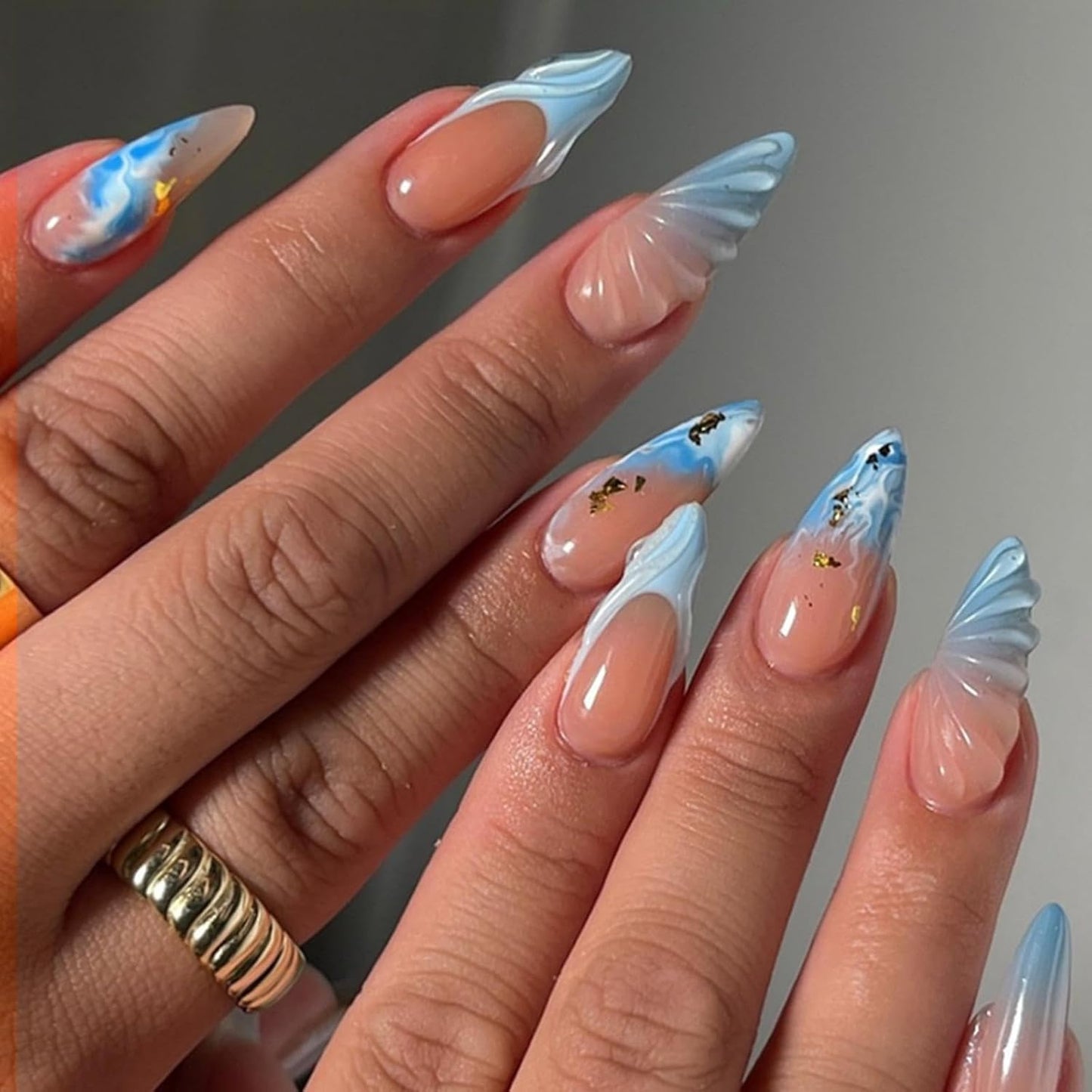 Flower Nail Press Ons - French Tip 3D Floral Butterfly Acrylic Nails | Glossy Pink Medium Almond Full Cover - 24 Pcs