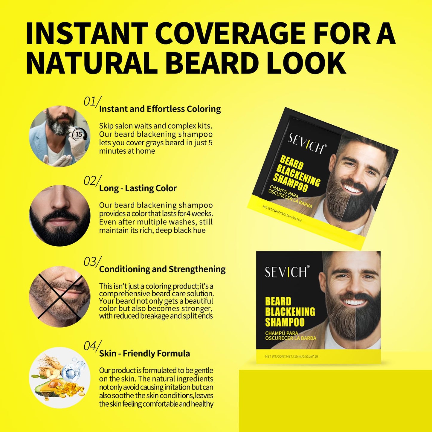 SEVICH Beard Blackening Shampoo for Men - Instant Natural Black Color, Anti-Hair Loss Formula, 10x15ml Travel-Friendly Packets | Safe & Gentle Beard Dye with Nourishing Care