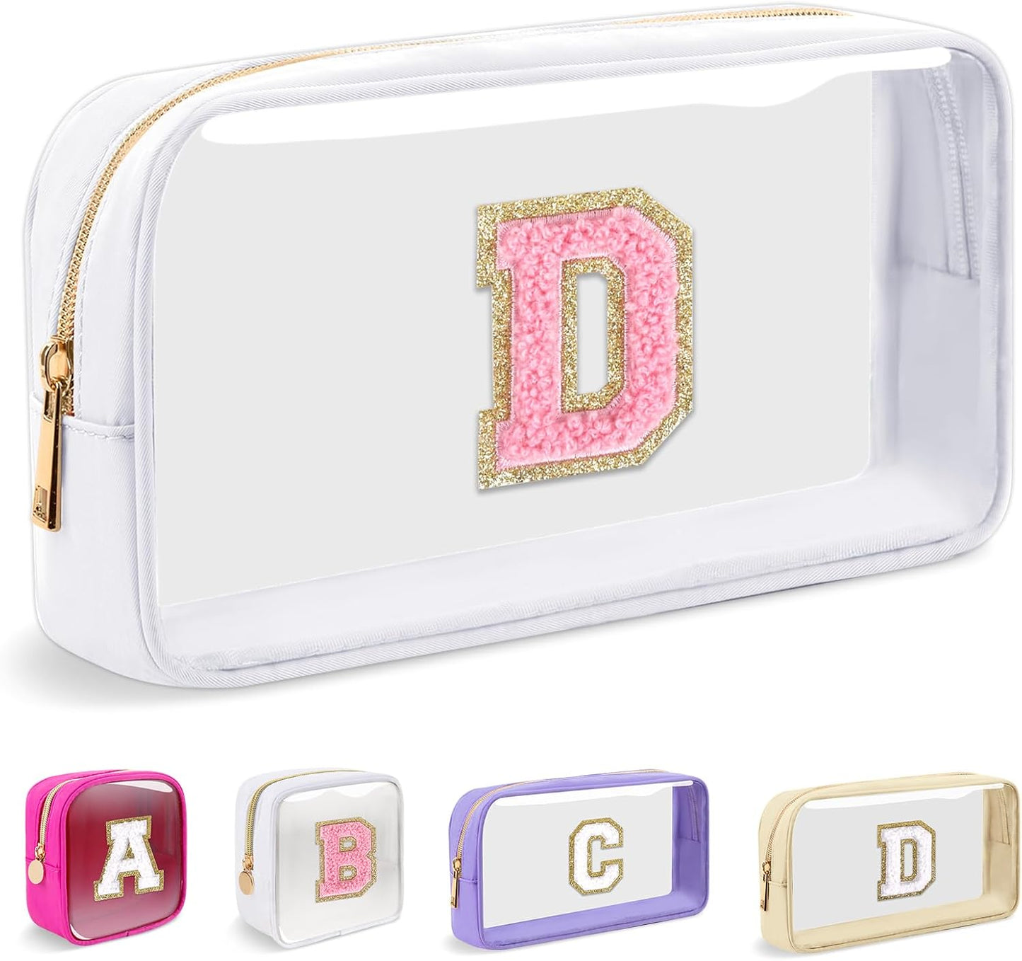 Personalized Initial Makeup Bag - Waterproof Nylon Cosmetic Pouch | A-Z Chenille Letter Patch, White-Pink G