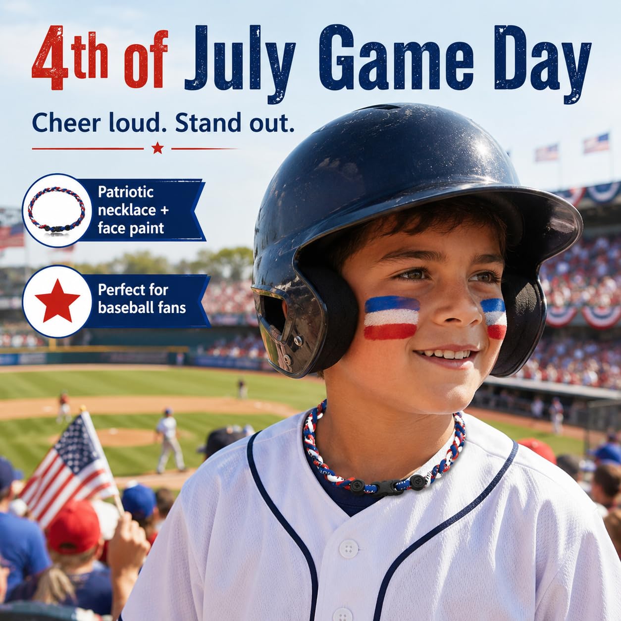 Go Ho Patriotic 2-in-1 Bundle: Red White and Blue Face Body Paint Stick and Baseball Necklace Nylon Tri-Braided Rope Tornado 18 Inch, 4th of July Accessories,USA Team Gifts for Baseball Fans