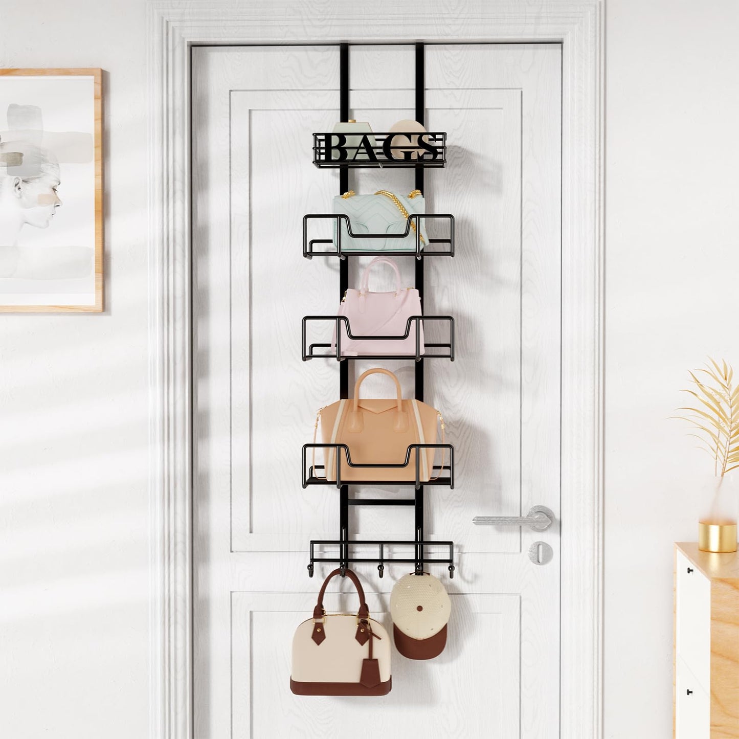 HapiRm Purse Organizer Storage Rack - Floor-Standing 3 Tier Purse Holder with Side Hooks and Transparent Pockets for Handbag Storage, High-Capacity Bag Organizer for Closet, Home, Living Room