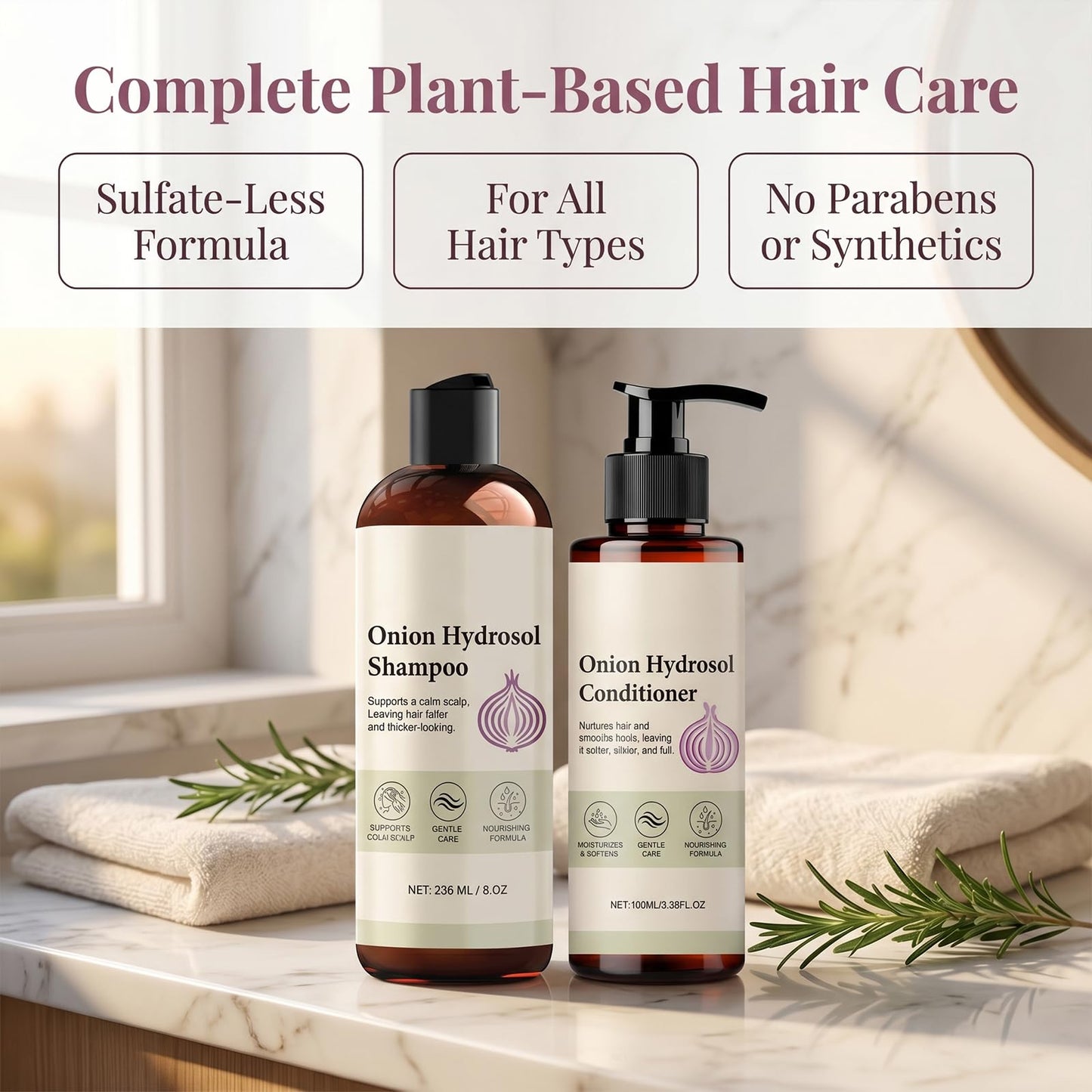 Onion Hydrosol Shampoo and Conditioner Set for Hair Growth, With Rosemary & Biotin, Strengthens Weak Hair, Adds Volume & Shine, Safe for All Hair Types, Men & Women (2 Pack)