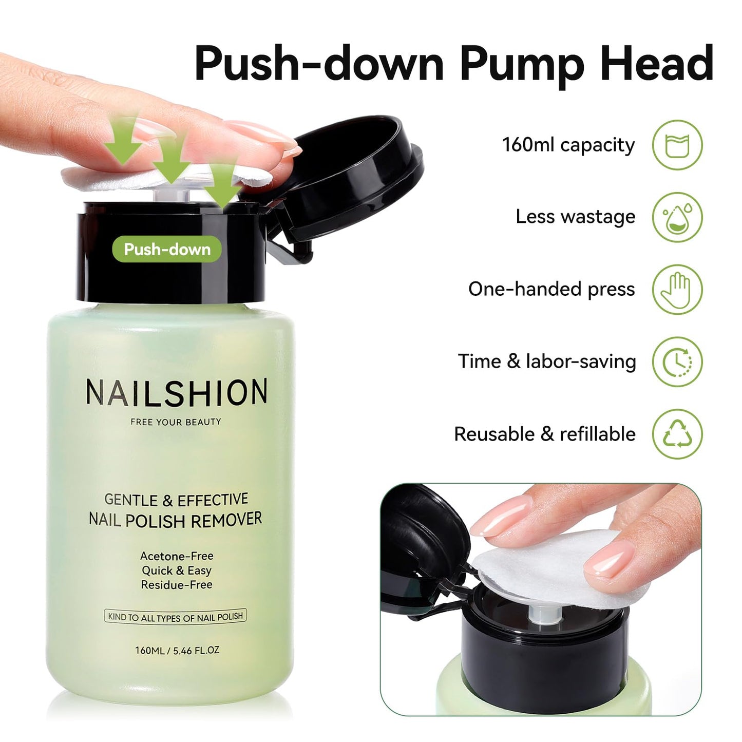 Nailshion Avocado Nail Polish Remover, Non-Acetone 3-9s Quick Removal, Professional Polish Remover for All Air-dry Nail Polish, VE Non-Drying, Refillable Pump Bottle Salon DIY at Home