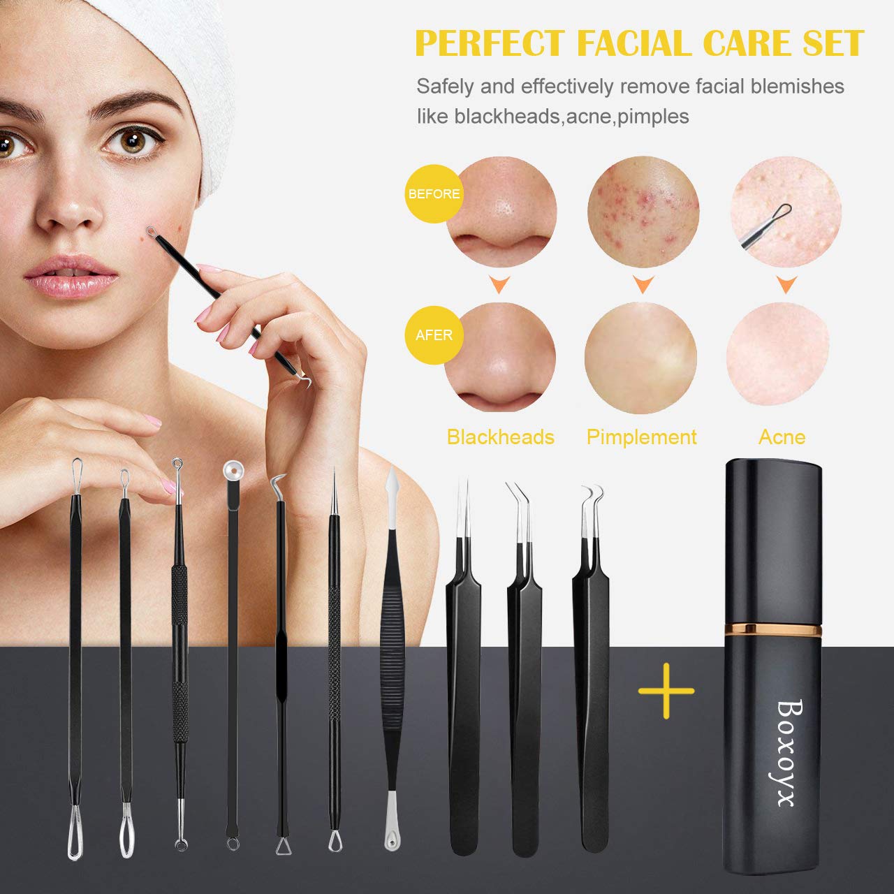 Pimple Popper Tool Kit - 10-Piece Blackhead Remover & Comedone Extractor Set | Easy Pimple & Zit Removal (Black)