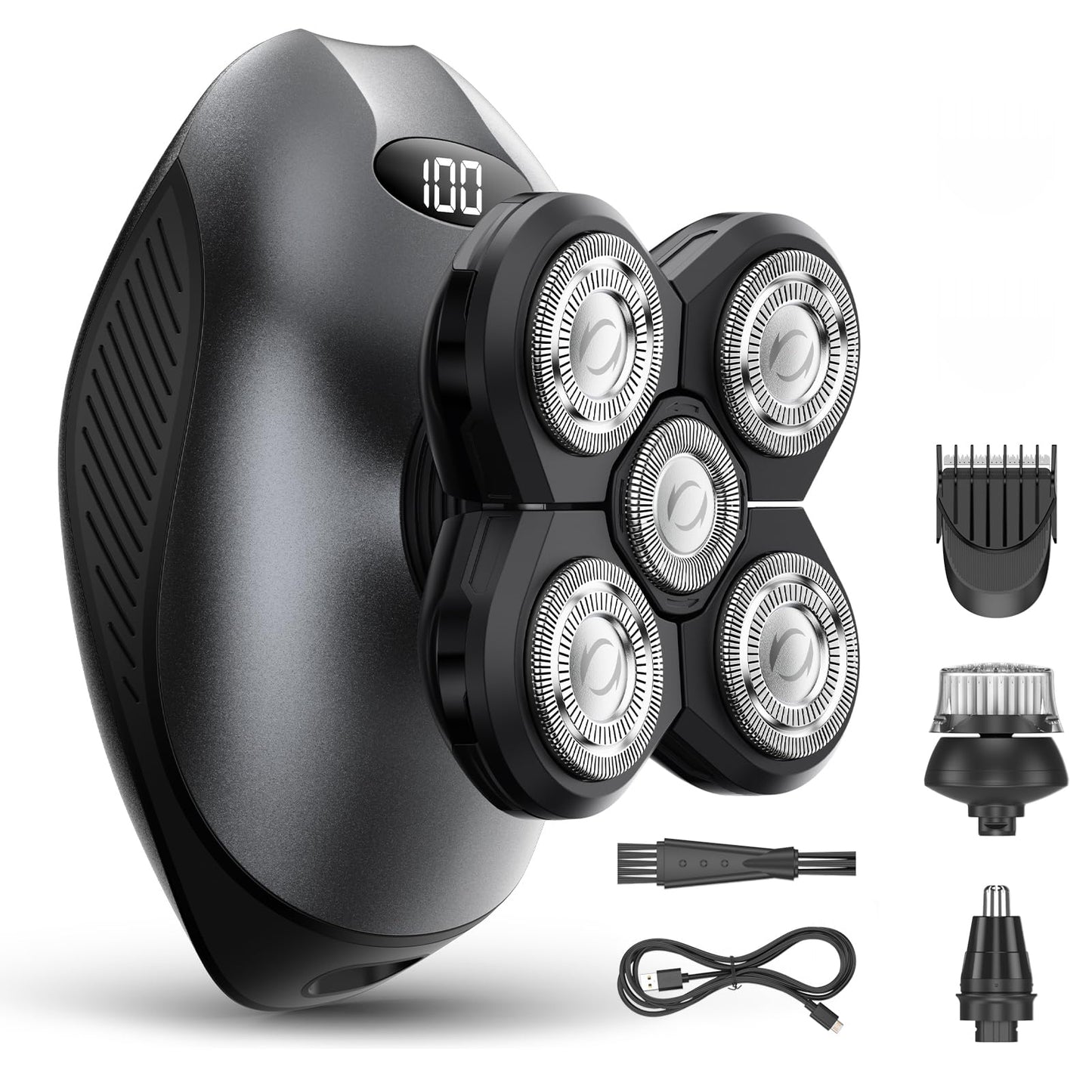Electric Razor for Men, Head & Body Hair Shaver for Men, Cordless Rechargeable Wet/Dry Bald Head & Groin Waterproof Razor with Rotary Blades,Clippers, Beard Trimmer,Nose Trimmer, Brush (Gray)
