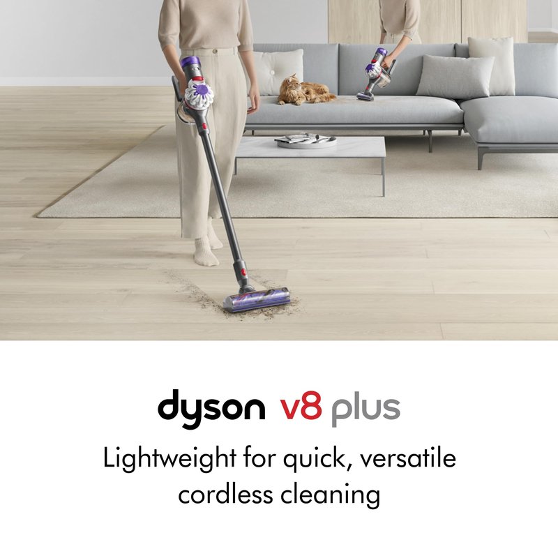 Dyson V8 Plus Cordless Vacuum, Cleans Hard Floors and Carpets, Detangles, Converts to Handheld, 115AW, 2 Power Modes, Up to 40 Minutes¹