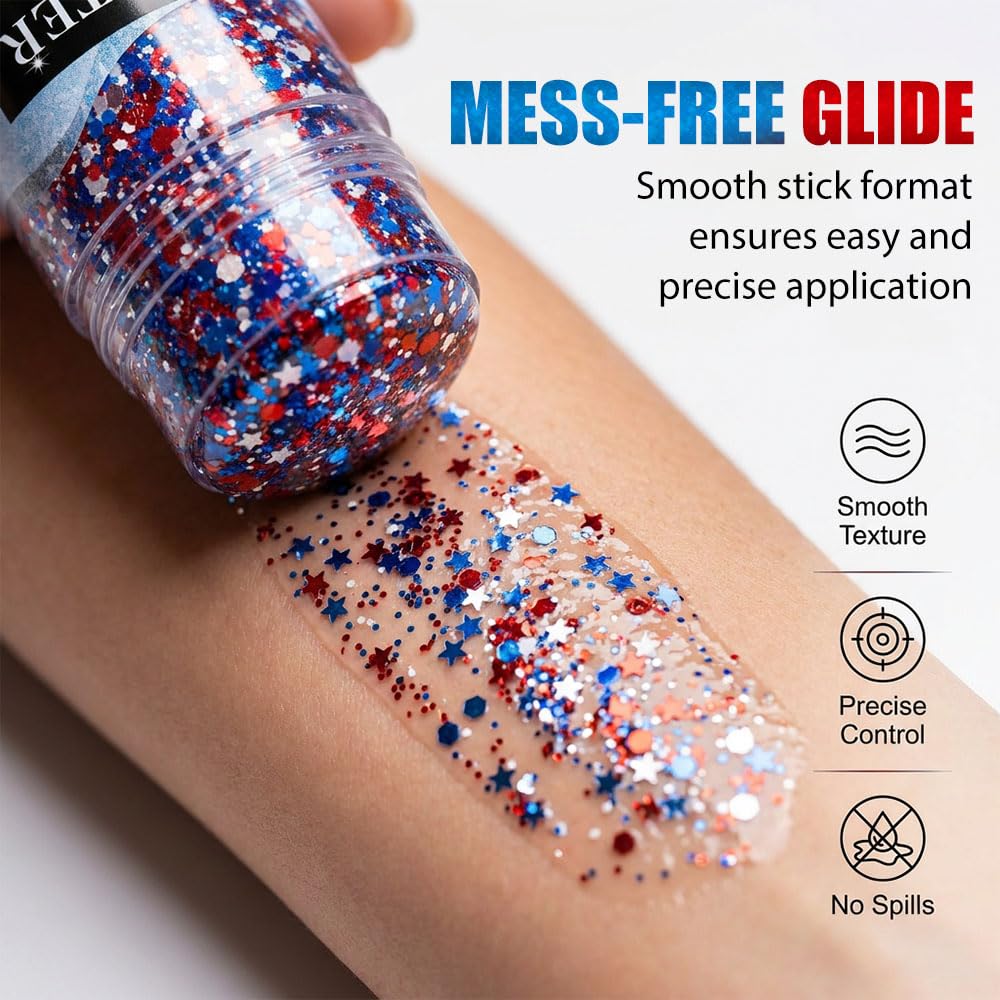 4th of July Glitter Stick, 2026 New Patriotic Red White and Blue Face Hair Body Glitter Stick, 4th of July Accessories Sparkling Glitter Makeup for Fourth of July Outfit Independence Memorial Day (1)