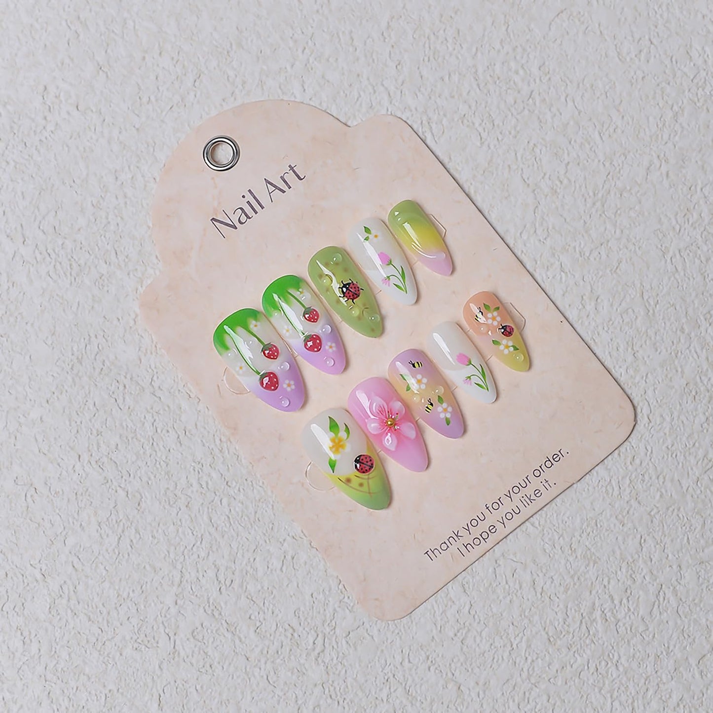 Medium Almond Press-On Nails - 24Pcs 3D Strawberry Flower Acrylic Set | Reusable French Tip Ladybug Design