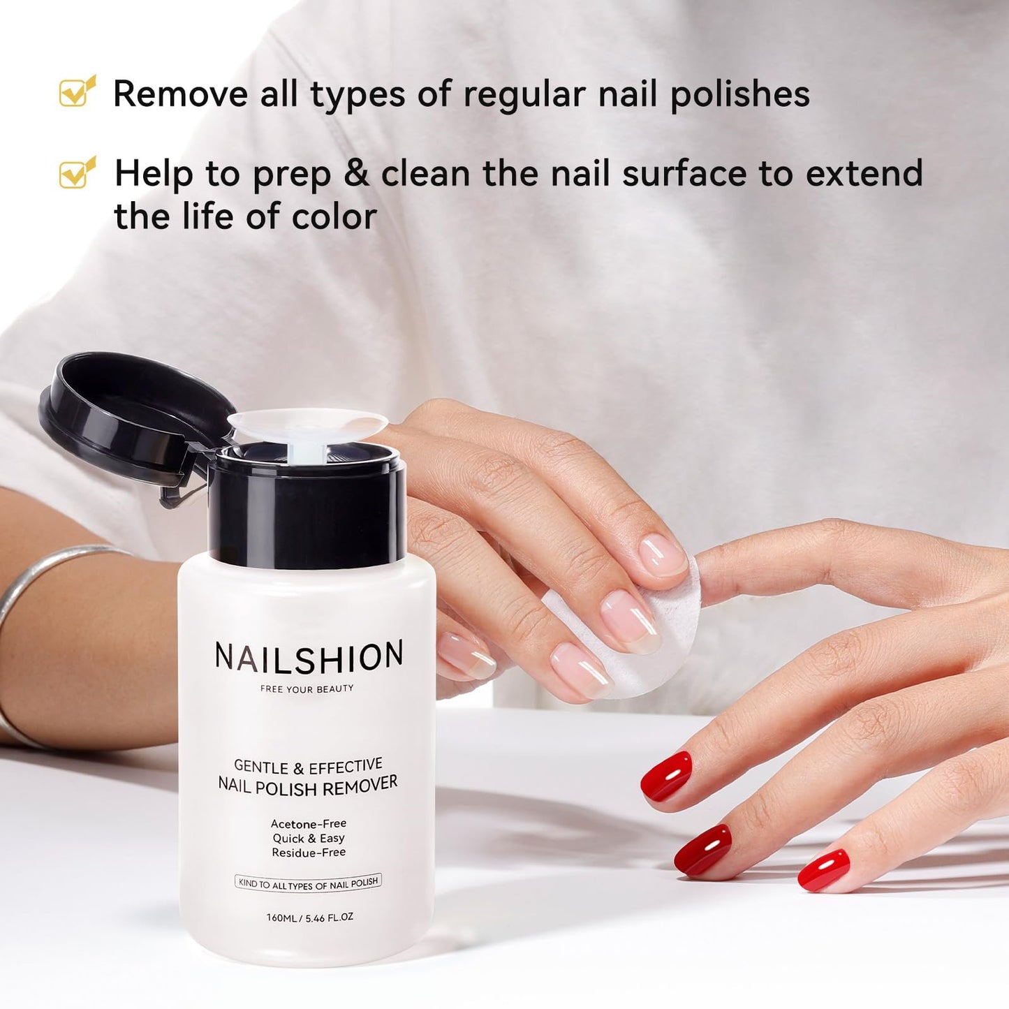 Nailshion Nail Polish Remover Non-acetone for All Air Dry Nail Polishes, 3-6s Quick Removal, One-hand Push-Down, No Toxic, Rich in VE Non-Drying, Salon DIY Nail Art Supplies 5.46 fl. oz