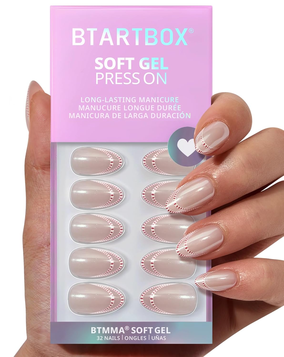 Press On Nails Almond - Gilded Cheer Short Glitter French Tips | 16 Sizes, Lamp-Curable Soft Gel Kit