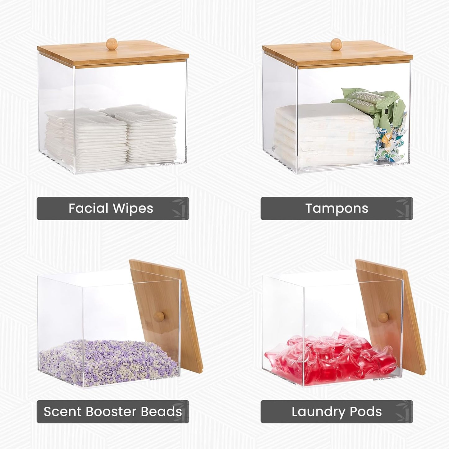 Acrylic Disposable Facial Towels Holder - Clear Storage Bin with Wood Lid | Bathroom Counter Organizer