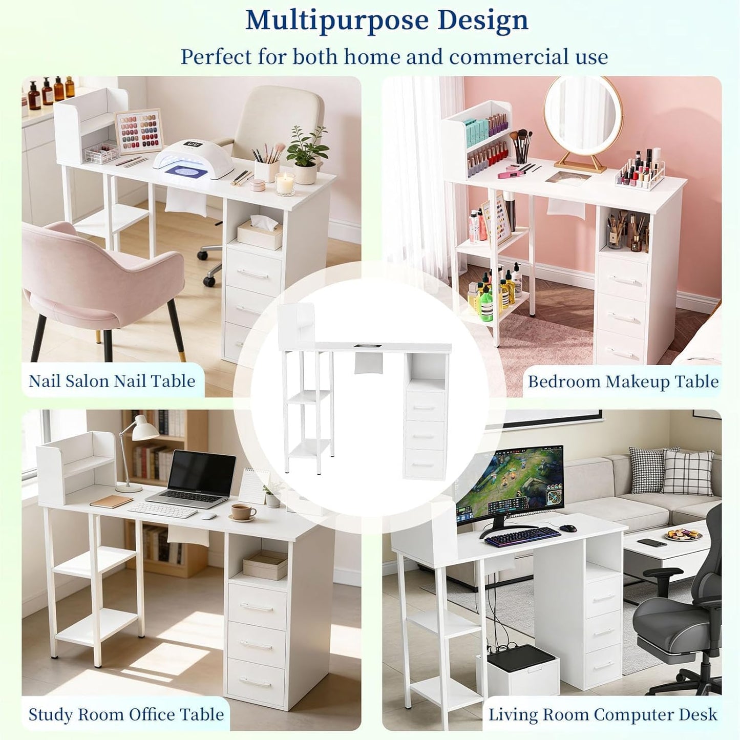 Nail Desk - Electric Dust Collector Manicure Table with 3 Drawers & 2-Tier Cabinets | White Salon Station