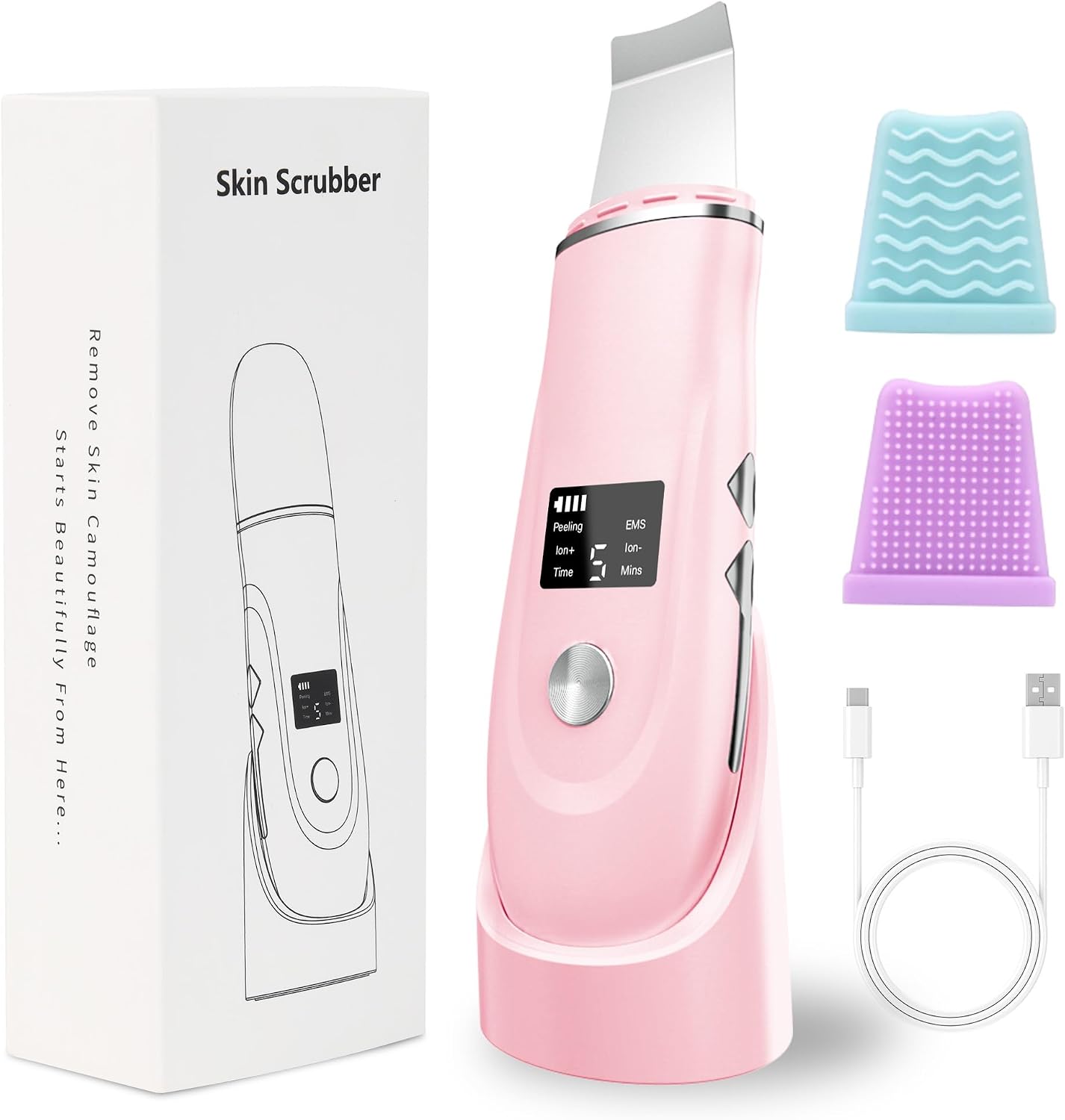 Face Scrubber Skin Spatula - 4-in-1 Blackhead Remover Tool for Deep Cleansing | Fast Charging Dock Included, White