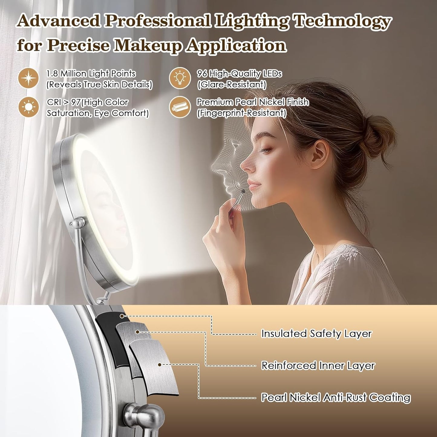 Lighted Makeup Mirror - 11-Inch Double-Sided 1X/5X Magnification | Adjustable Brightness & 360° Rotation