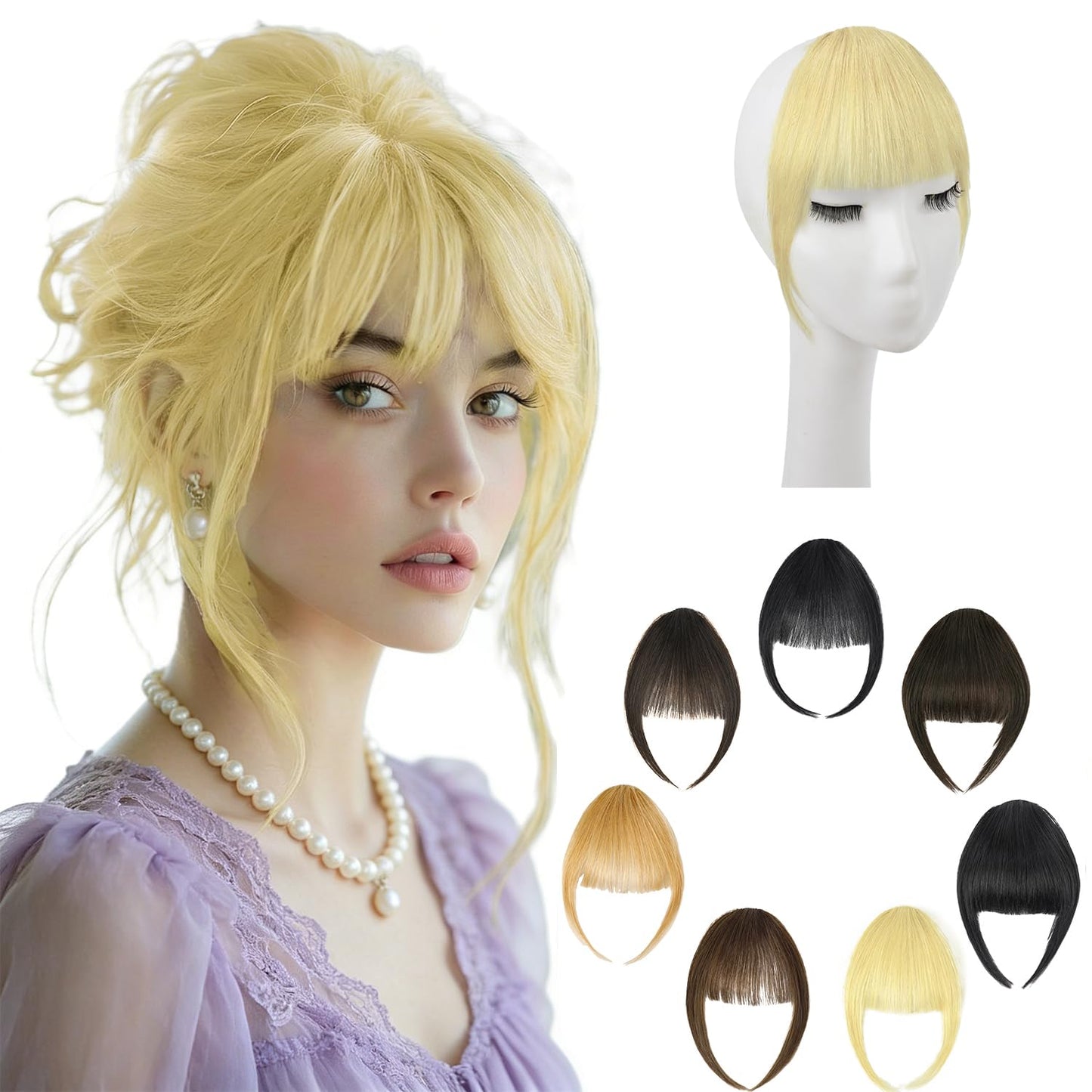 KISANOF Hair Bangs Clip in Human Hair Bleach Blonde Soft Layered Fake Bangs with Feathered Fringe Hairpieces for Women Curved Bangs for Daily Wear & Halloween