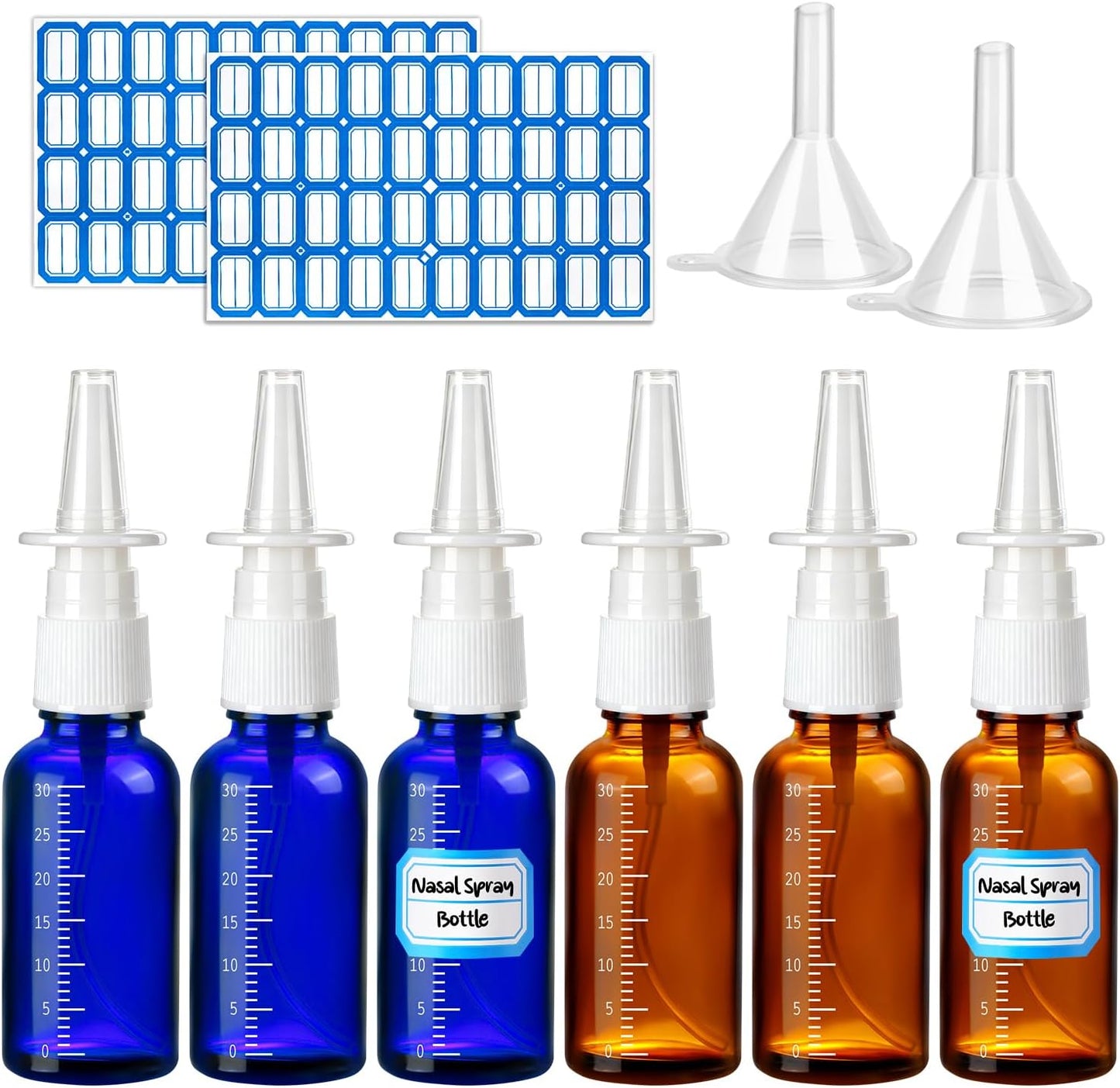 Nasal Spray Bottles - 10 Pcs 30ML Refillable Brown & Blue with Funnels & Labels | Perfect for Travel
