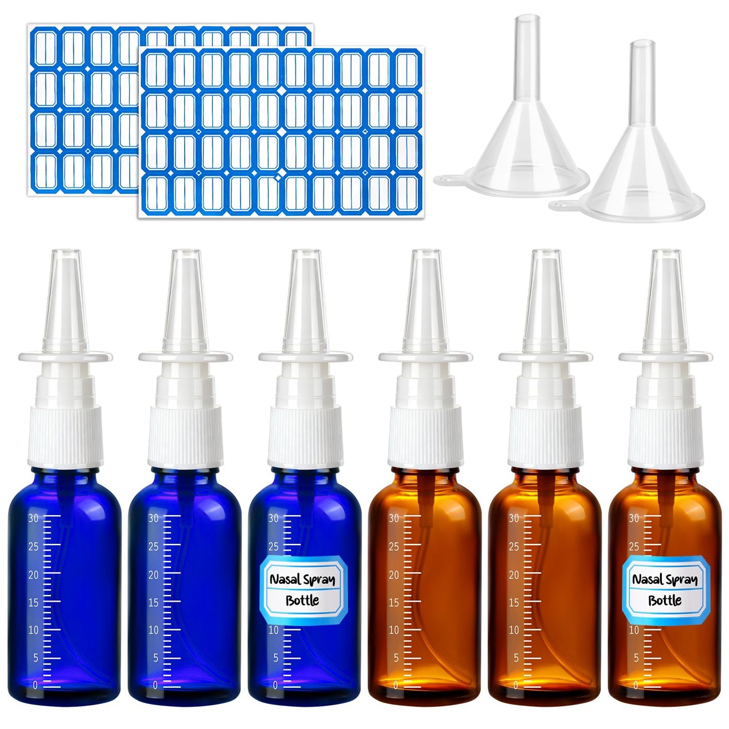 ZHWKMYP 10 Pcs Nasal Spray Bottle, 30ML/1oz 6Pcs Empty Refillable Brown Blue Scale Nasal Nose Spray Bottles with 2 Funnels and 2 Labels