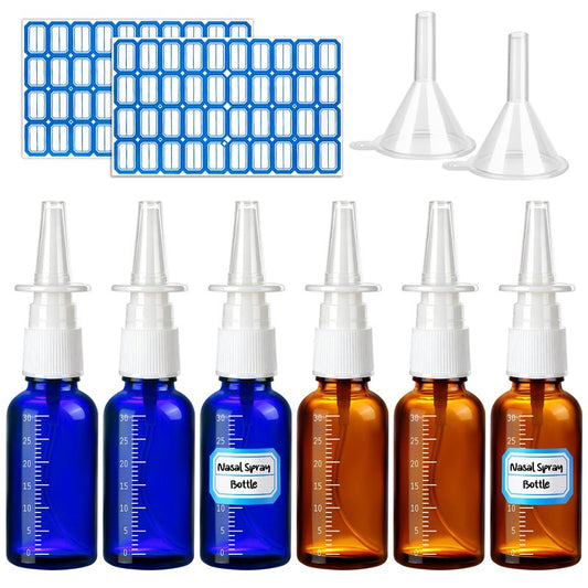 ZHWKMYP 10 Pcs Nasal Spray Bottle, 30ML/1oz 6Pcs Empty Refillable Brown Blue Scale Nasal Nose Spray Bottles with 2 Funnels and 2 Labels