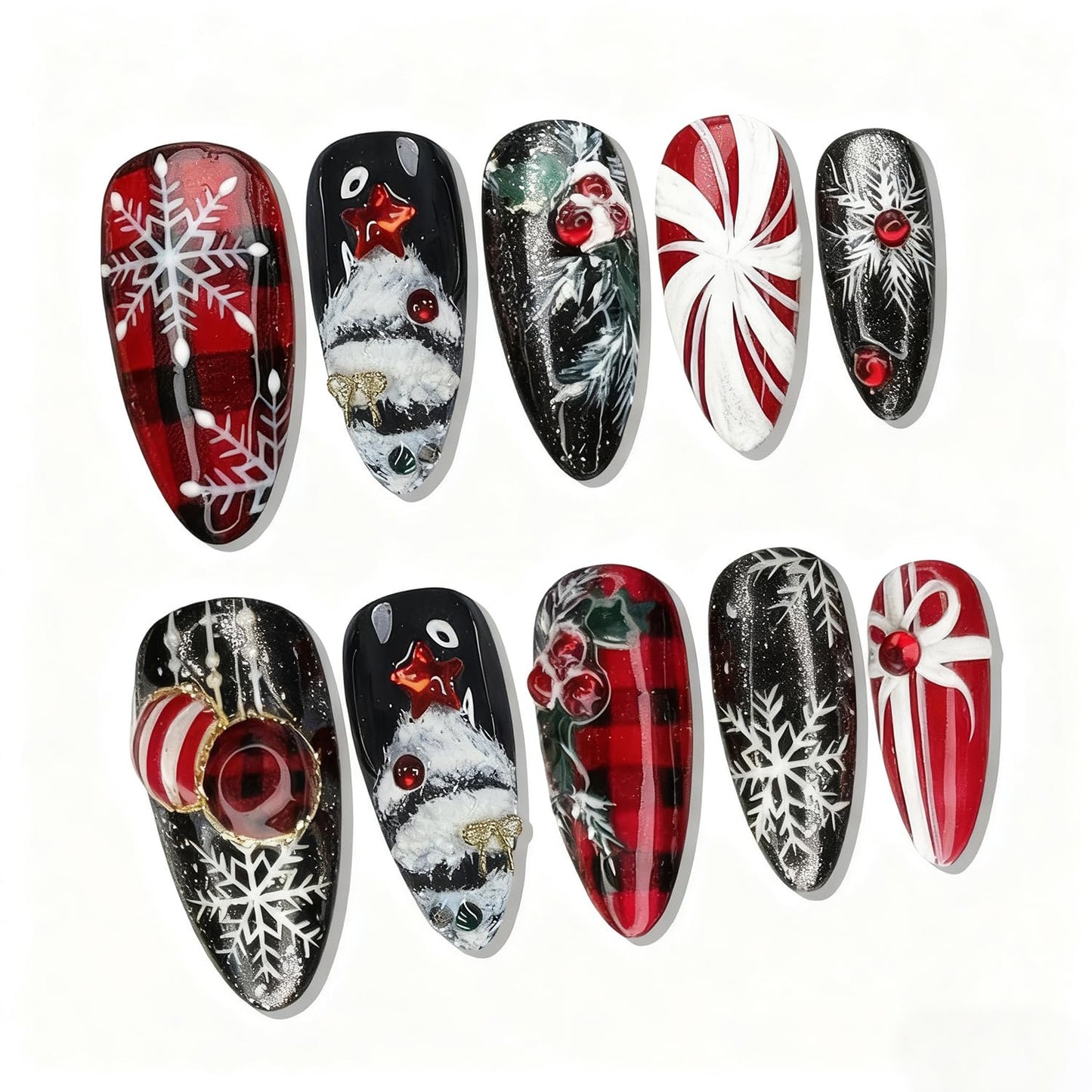 Christmas Press-On Nails - Medium Almond Acrylic Tips with Tree Wreath, Gold Beads & Rhinestones | Winter Holiday Design